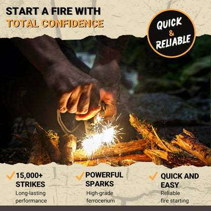 Ferro Rod Fire Starter Kit with Fatwood Tinder Stick - 3/8", Natural Wood