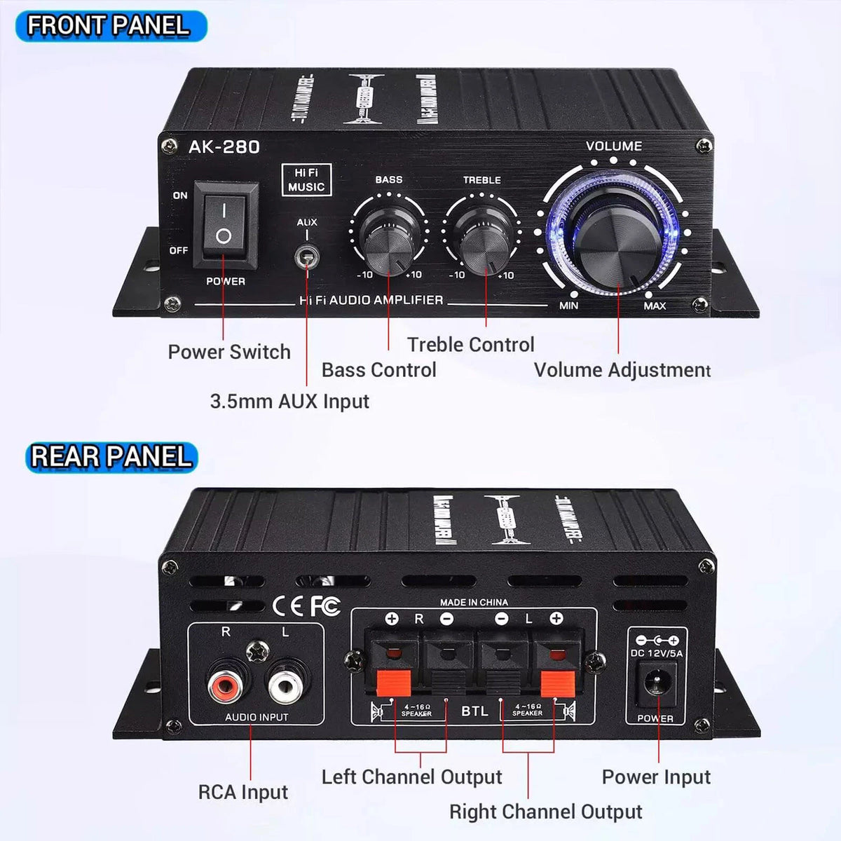 Black 2.0 Channel AK280 Mini HIFI Stereo Audio Power Digital Amplifier Speaker