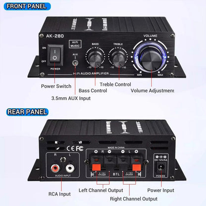 Black 2.0 Channel AK280 Mini HIFI Stereo Audio Power Digital Amplifier Speaker