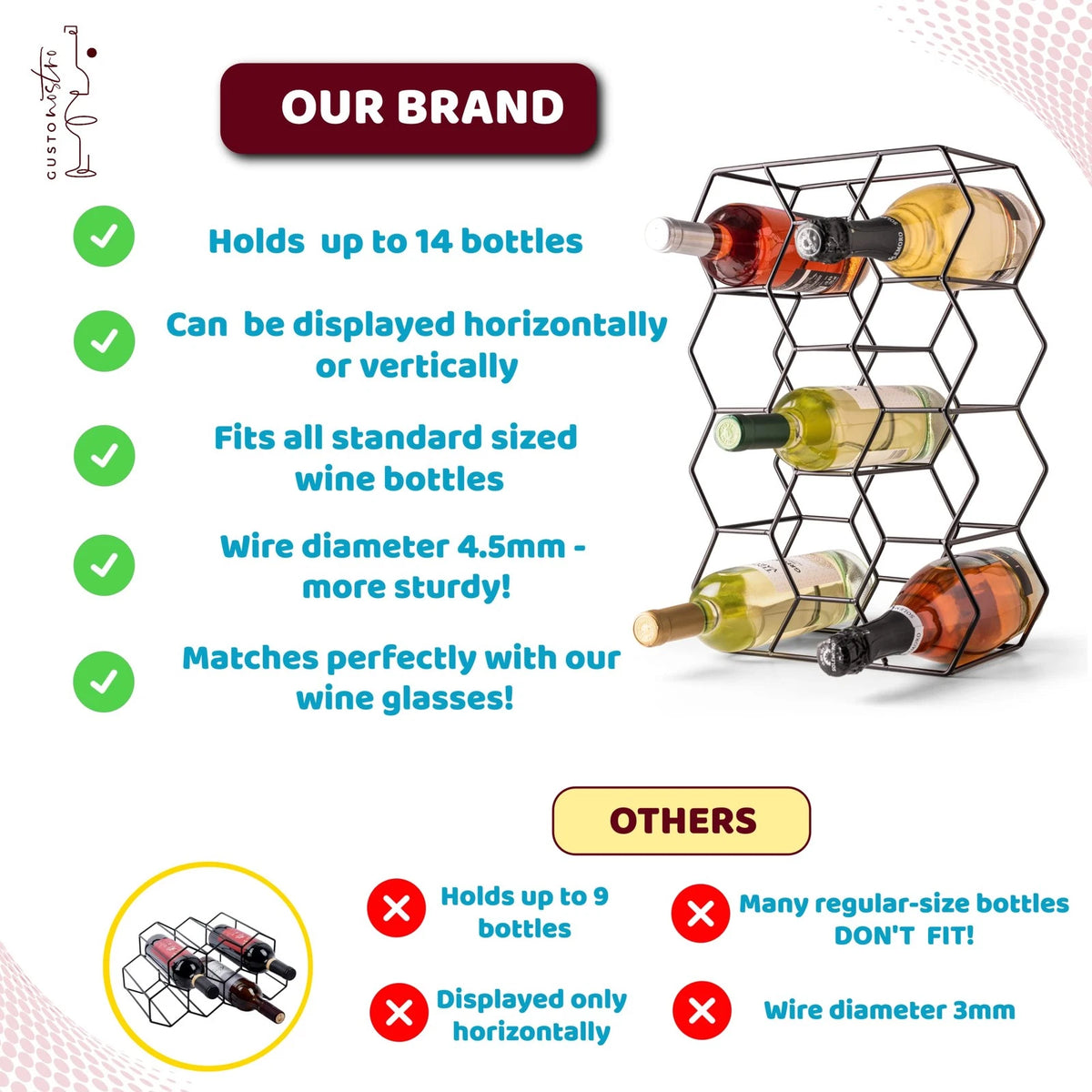 Gusto Nostro Countertop Wine Rack - 14 Bottle Freestanding 14 Bottles, Black