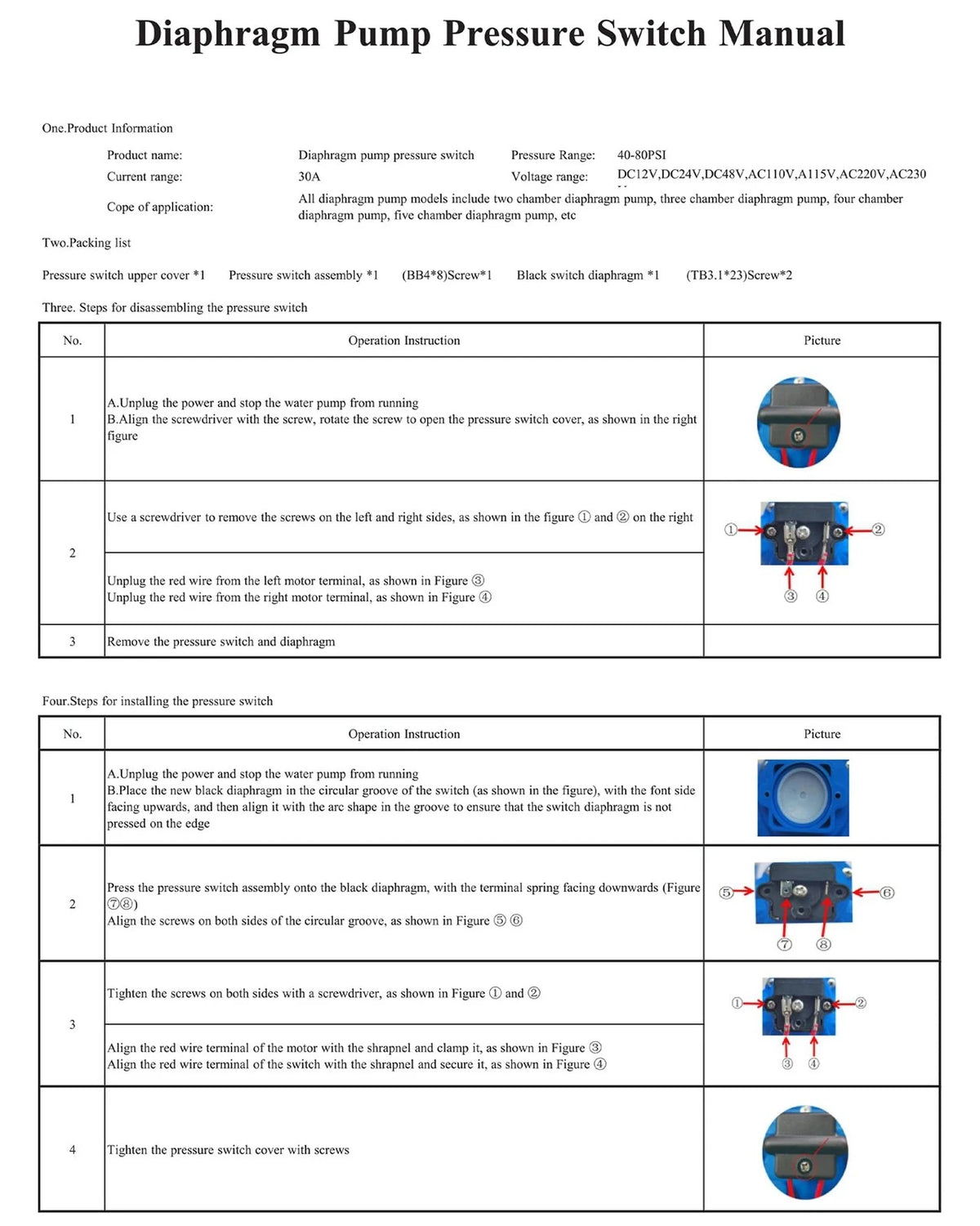 Dreyoo 40-80 PSI Water Pump Pressure Switch Assembly for 12V 24V 110V Black
