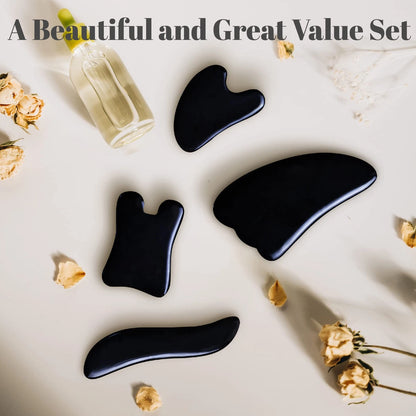 Rena Chris Guasha Massage Tool, 4 Pcs Gua Sha Facial 4 Piece Set, Black