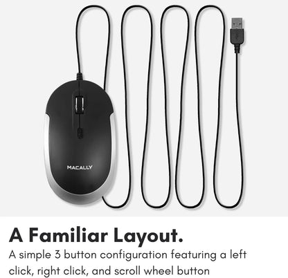 Macally Silent Wired Mouse - Slim & Compact USB Black with Space Gray Trim