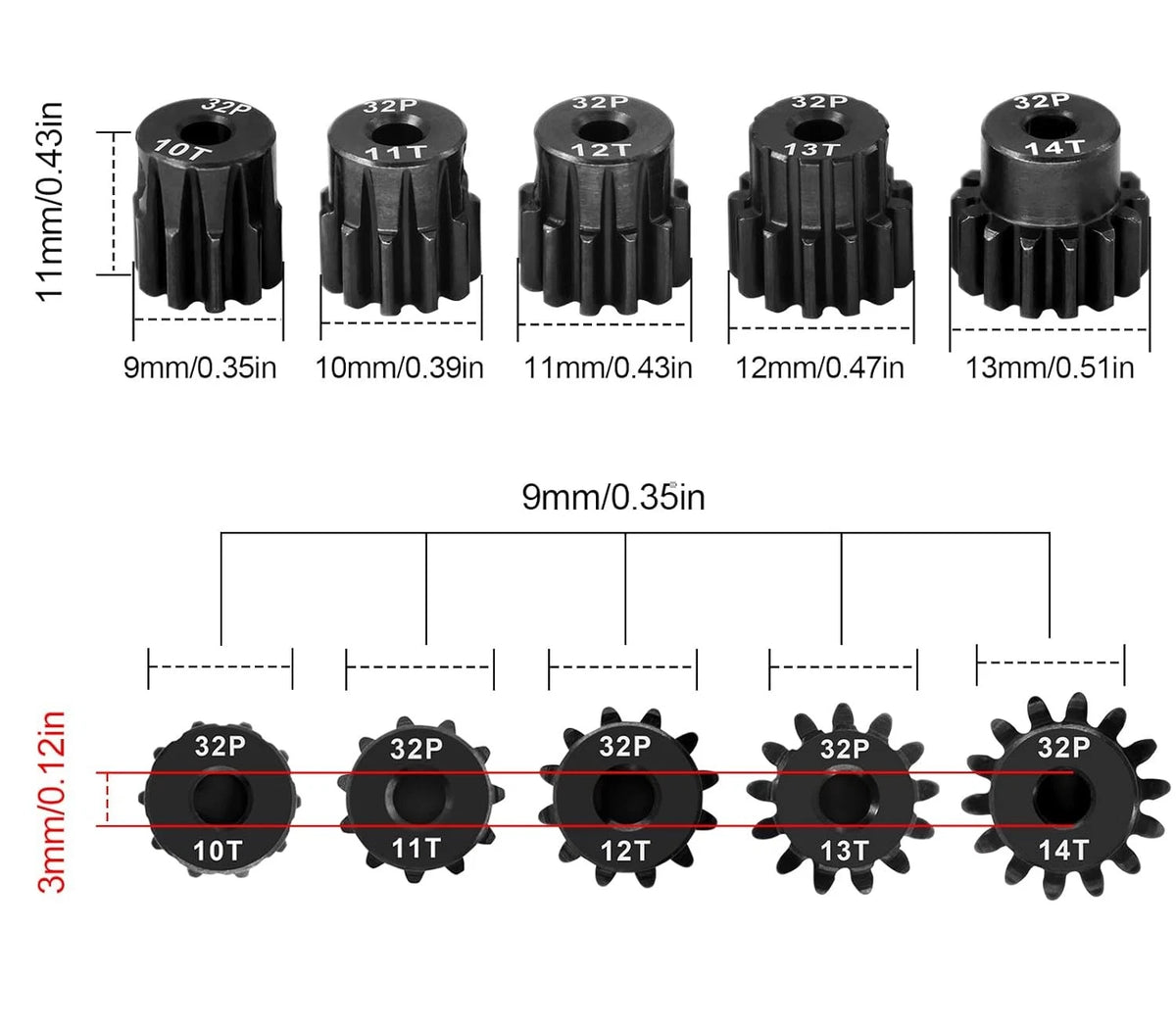 OGRC Steel Hardened 32P Pinion Gears 10T 11T 12T 13T 14T 3.175mm Shaft for...