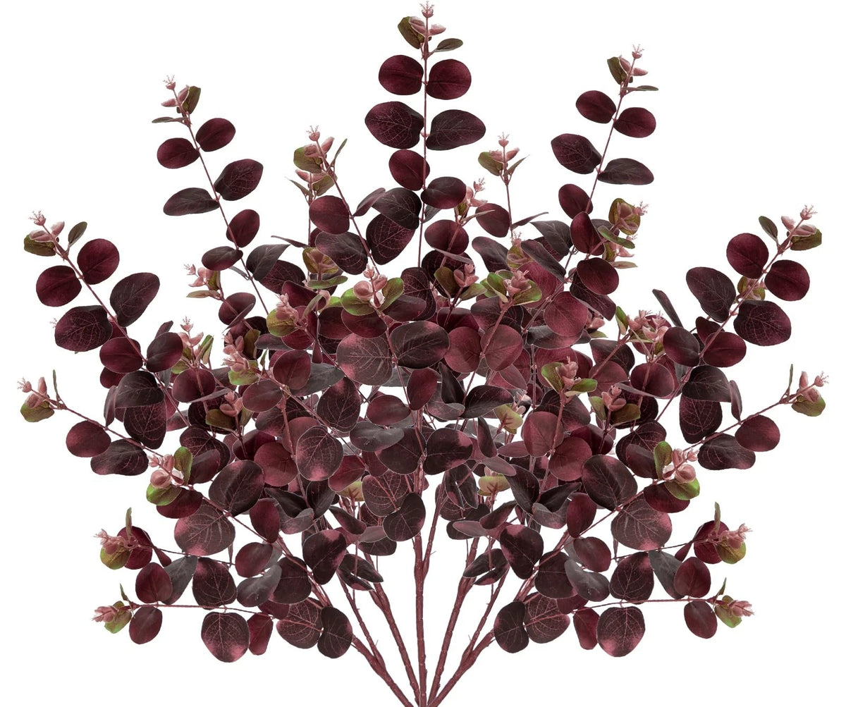 GnFlus 5 Pcs Artificial Eucalyptus Stems 30" Fake Silk Plants for Burgundy