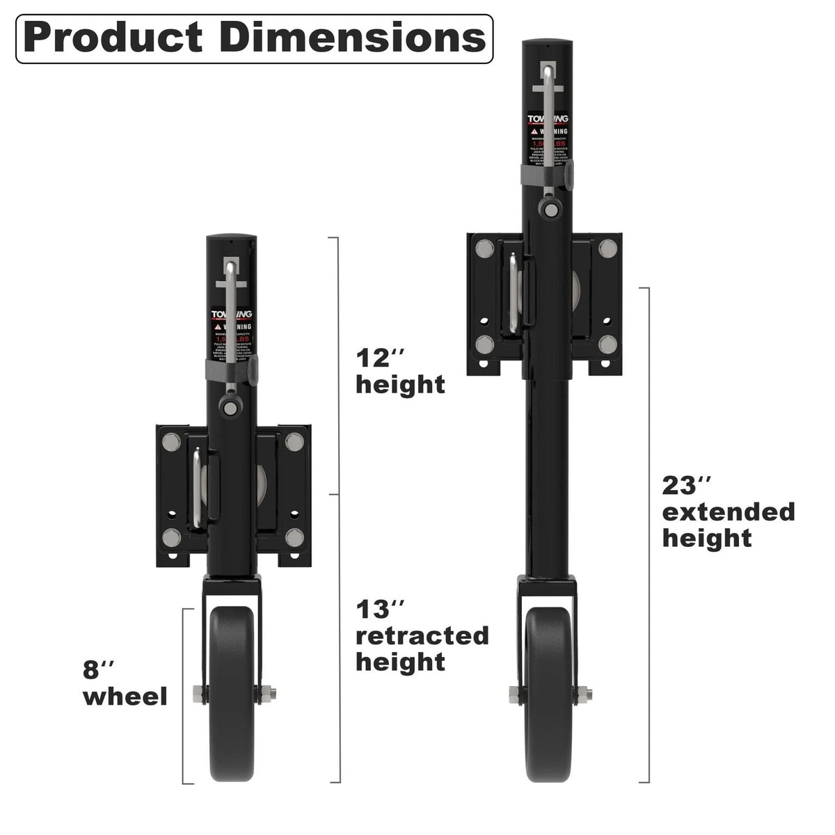 TOWKING 8" Spoke Wheel Trailer Jack, 10" Vertical Movement, 1,500 LBs, Black