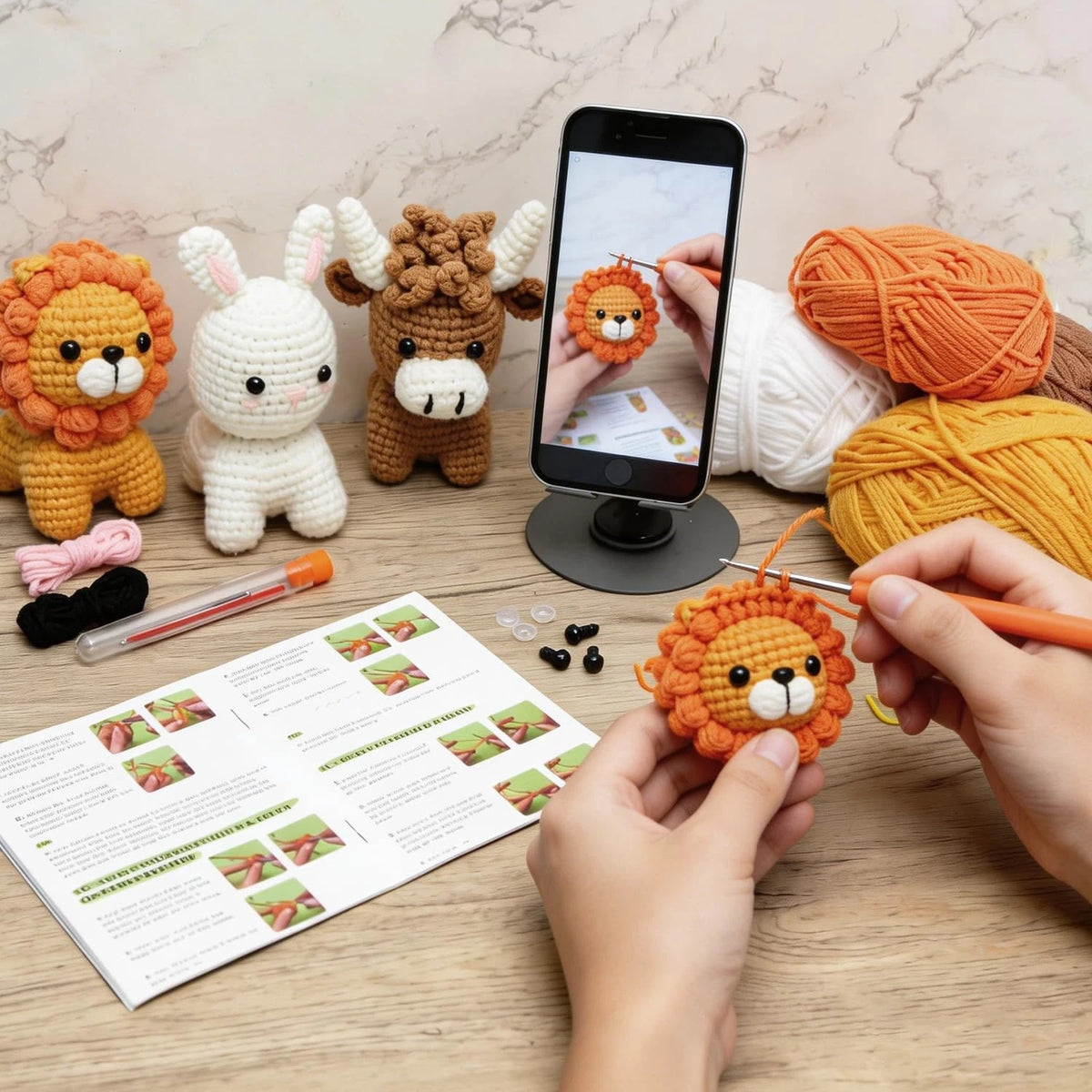 GONELYON Crochet Kit for Beginners, 3Pcs Amigurumi Lion, Bull, Rabbit