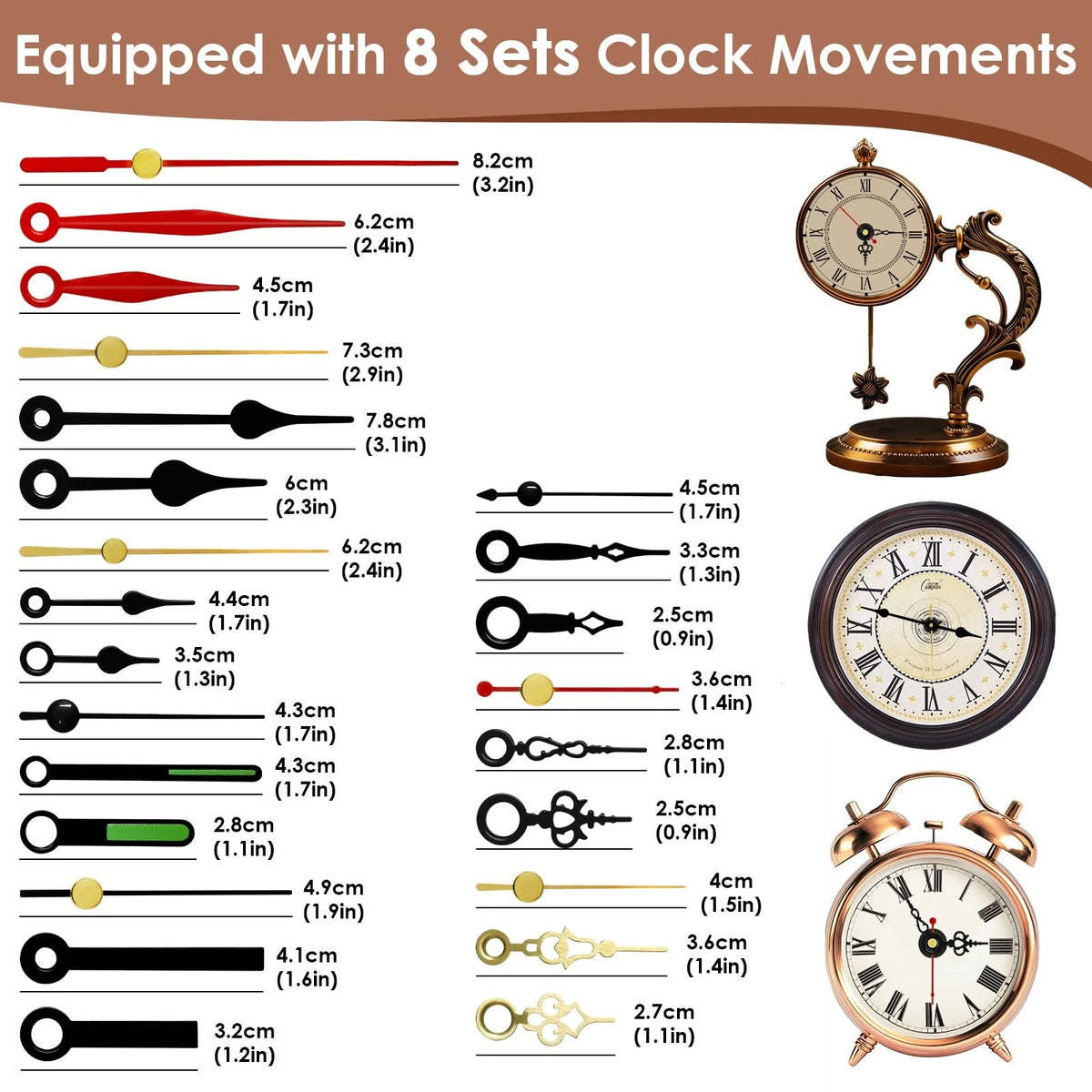 3PCS Clock Mechanism Replacement Kit with 8 Pairs + 8 Pairs, Black