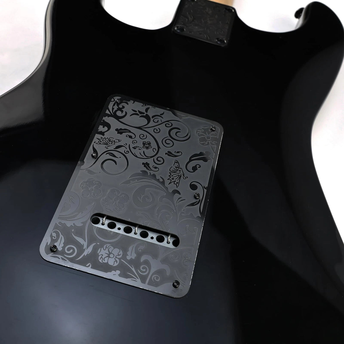 OVSAL Stainless Steel Guitar Back Plate 6 holes Engraved Metal Trem Black