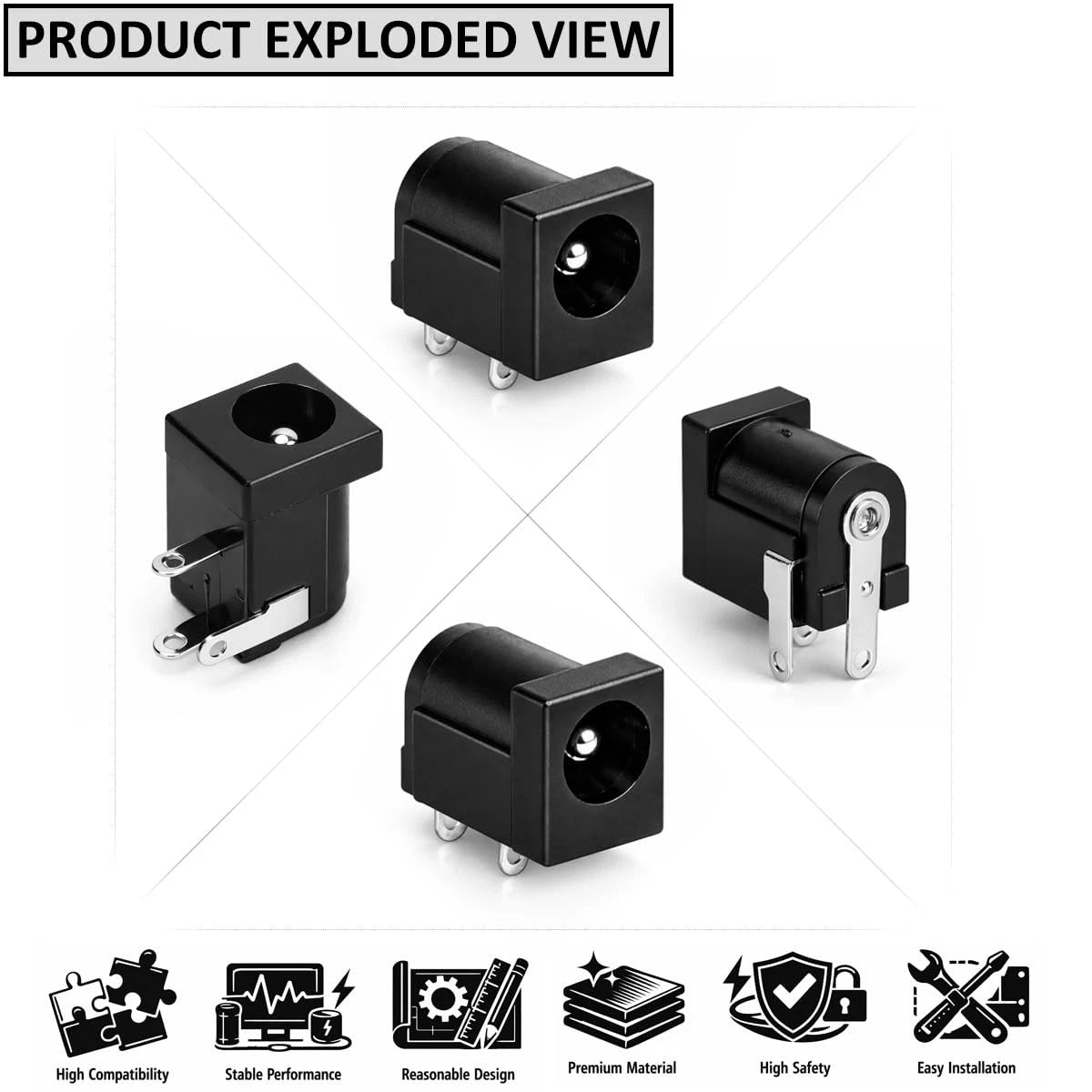 Clyxgs 50 Pack DC-005 Power Jack Socket, 5.5mm x 2.5mm DC005-2.5, Black