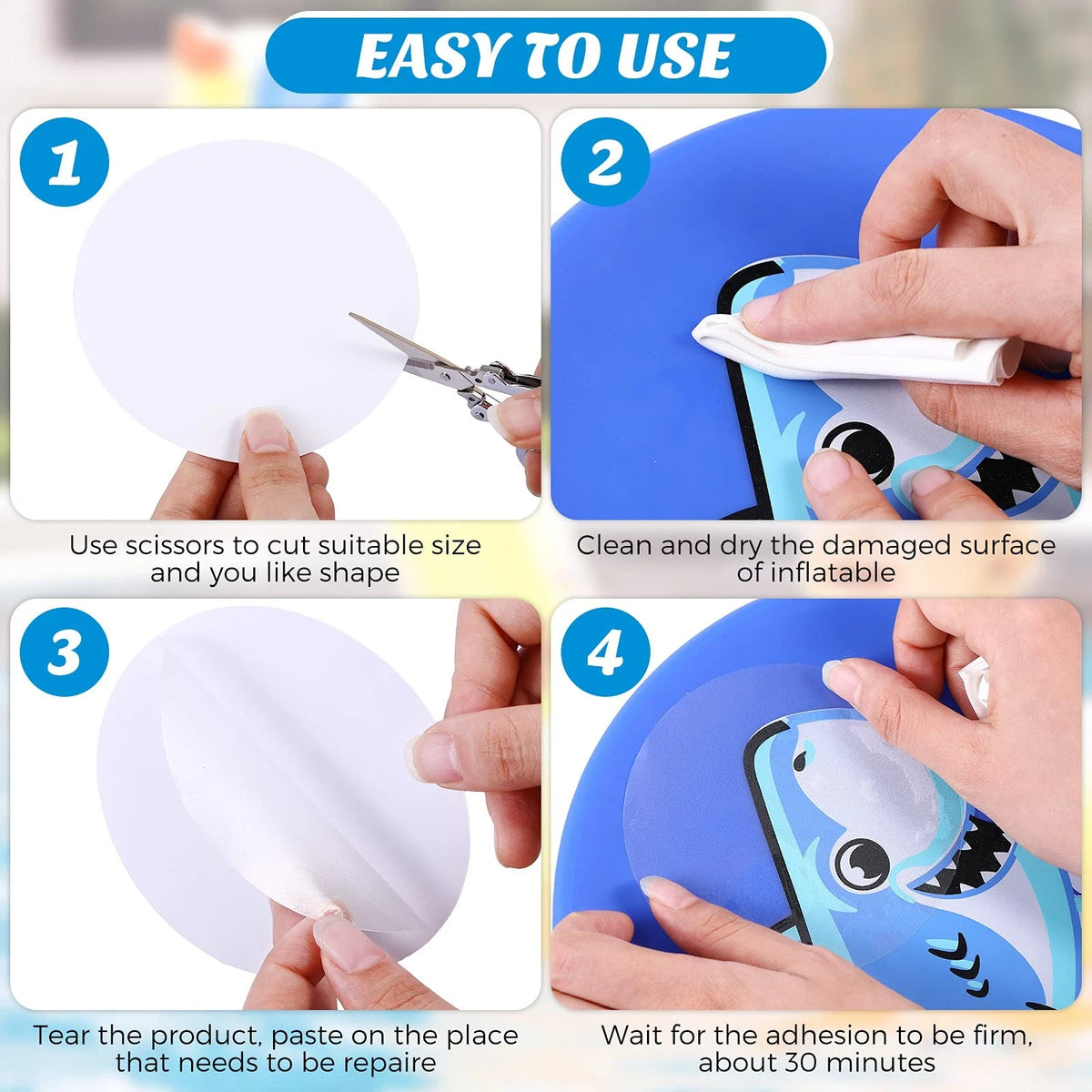 Outus 30 Pieces Self-Adhesive Pool Repair Patch Kit Vinyl 10 x 10 cm, Clear