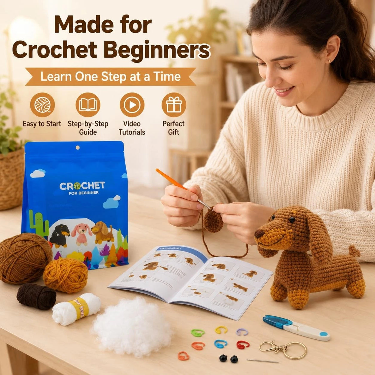 Nikolle Dachshund Crochet Kit for Beginners, Amigurumi Animal Dog, Brown