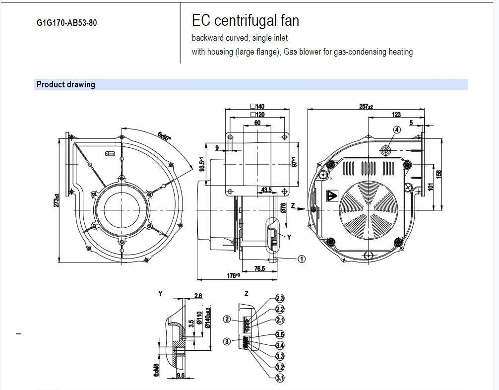 G1G170-AB53-80 Ebmpapst EC Blower Fan 230VAC 1.6A 360W 5830RPM Gas Boiler Fan