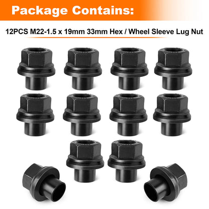 12 Pack 33mm M22x1.5 x 19mm Wheel Nuts Sleeve Nuts M22-1.5x19mm Skirt Flange