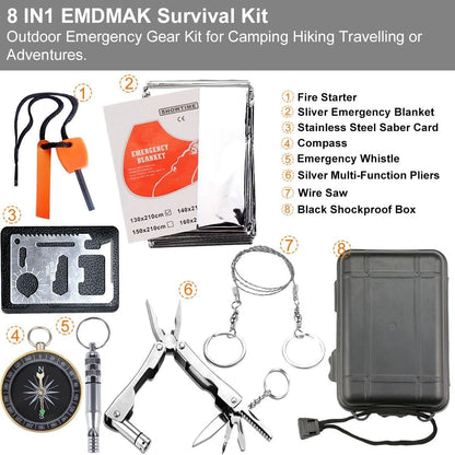 EMDMAK Survival Kit Outdoor Emergency Gear for Camping Hiking Black