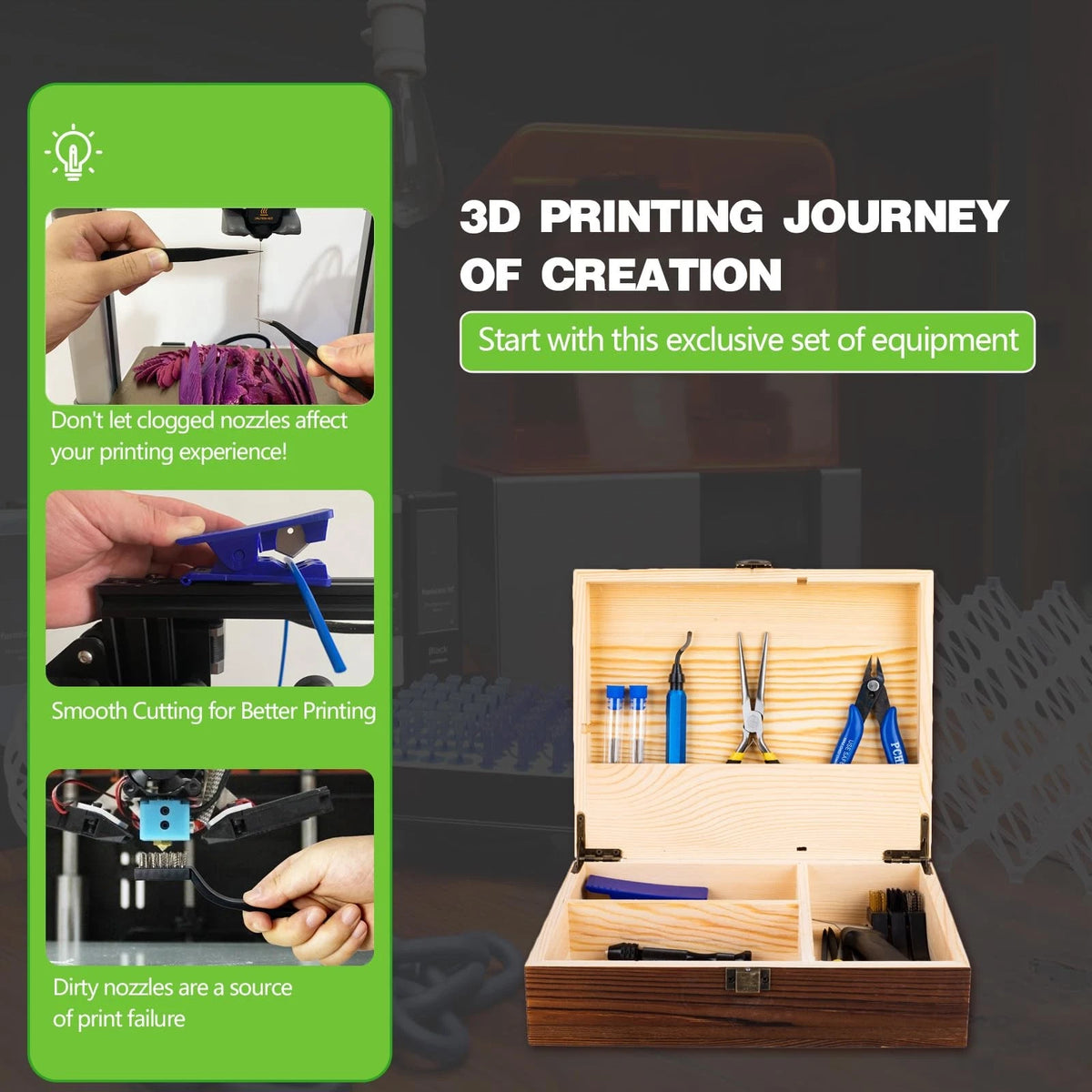 3D Printing Tool Set with Wood Box – Printer Tools Features a deburring...