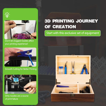 3D Printing Tool Set with Wood Box – Printer Tools Features a deburring...
