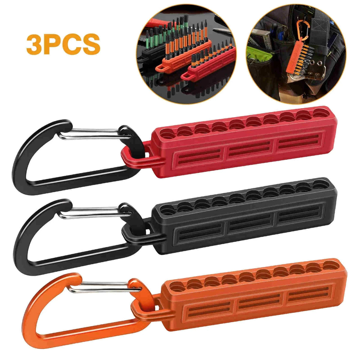 3x 1/4" Hex Bit Holder Storage Rail Power Drill Bit Organizer With Carabiner