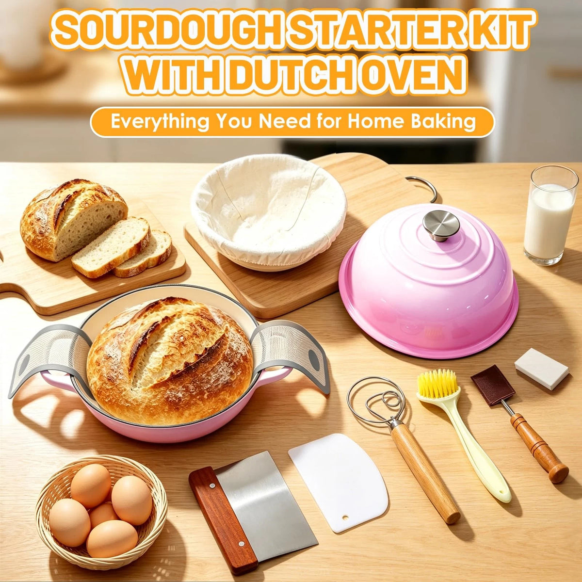 Sourdough Starter Kit With Dutch Oven,6QT Enameled Cast Iron 6QT, Pink