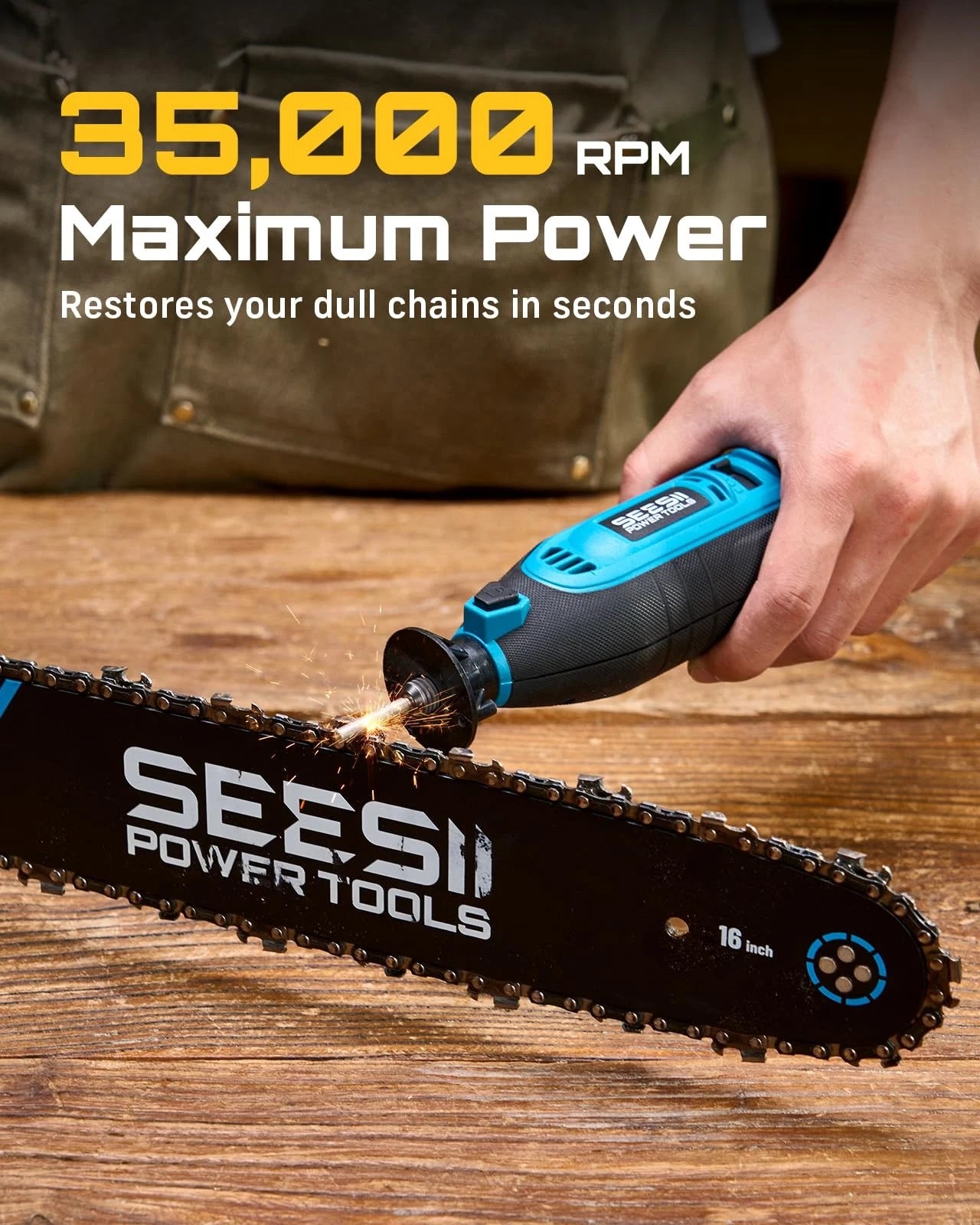 SEESII Electric Chainsaw Sharpener Kit, 35000RPM, 6 Upgraded Diamond Bits Blue