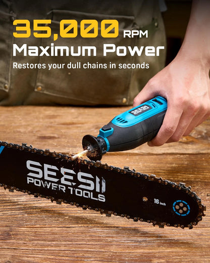 SEESII Electric Chainsaw Sharpener Kit, 35000RPM, 6 Upgraded Diamond Bits Blue