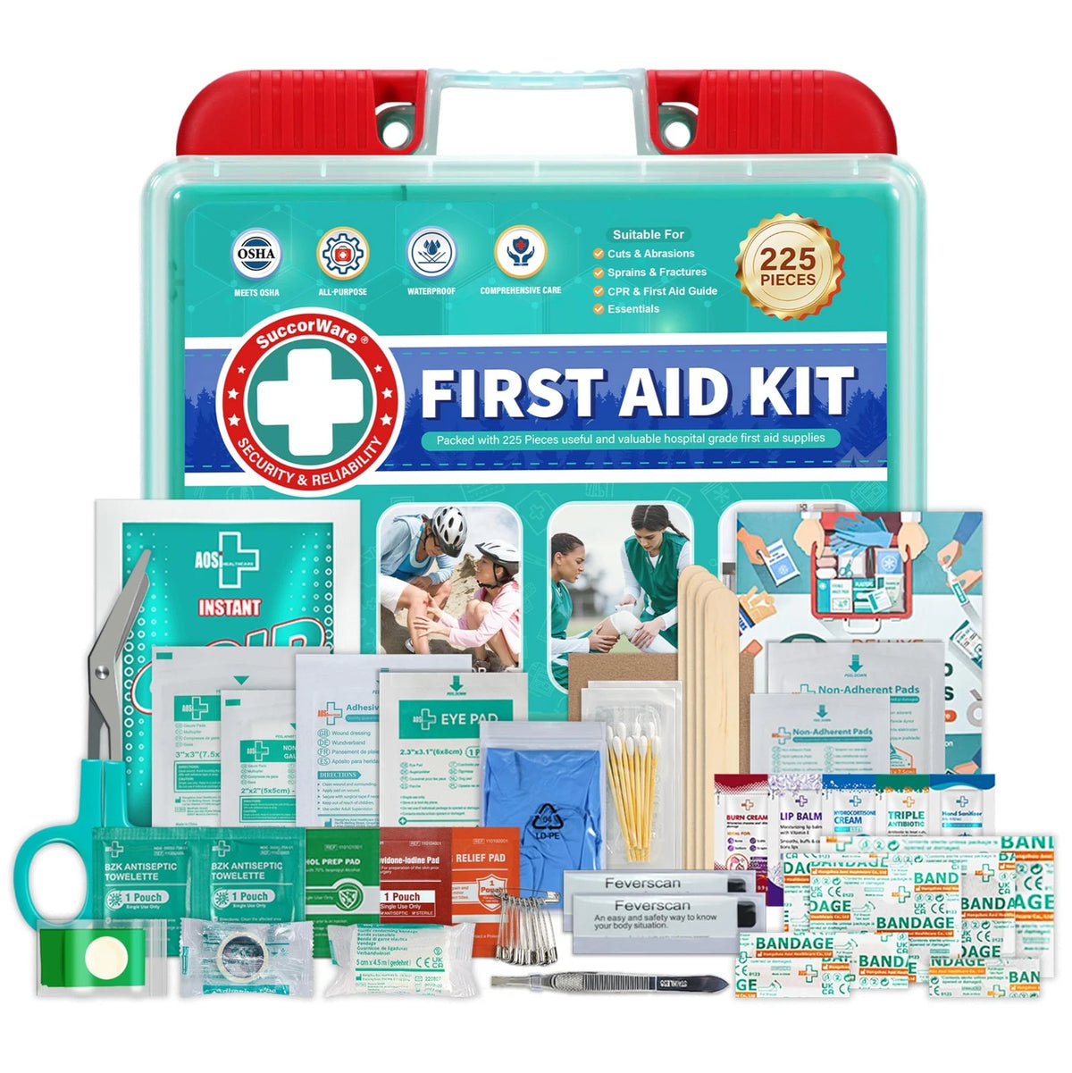 SuccorWare 225 Pieces First Aid Kit, Includes Ice Pack, Adhesive Bandages,...
