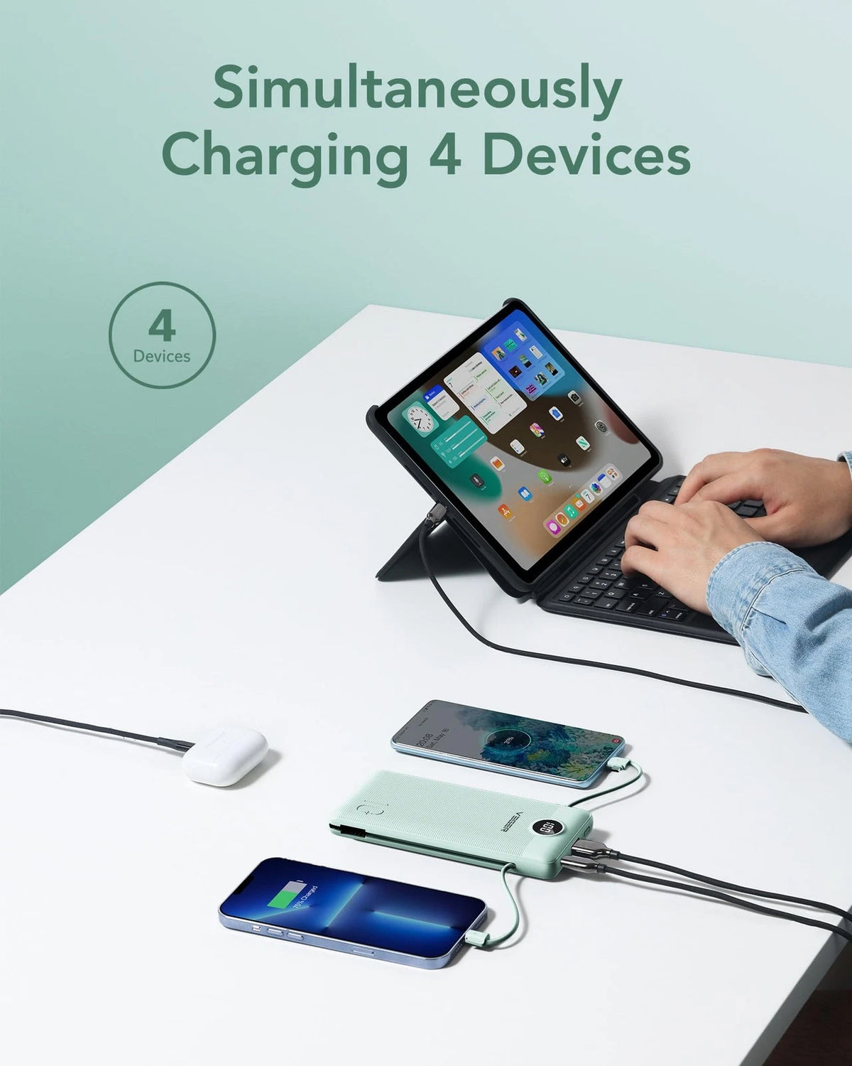 VEGER Portable Charger with Built-in AC Plug and Cables, All in One Green