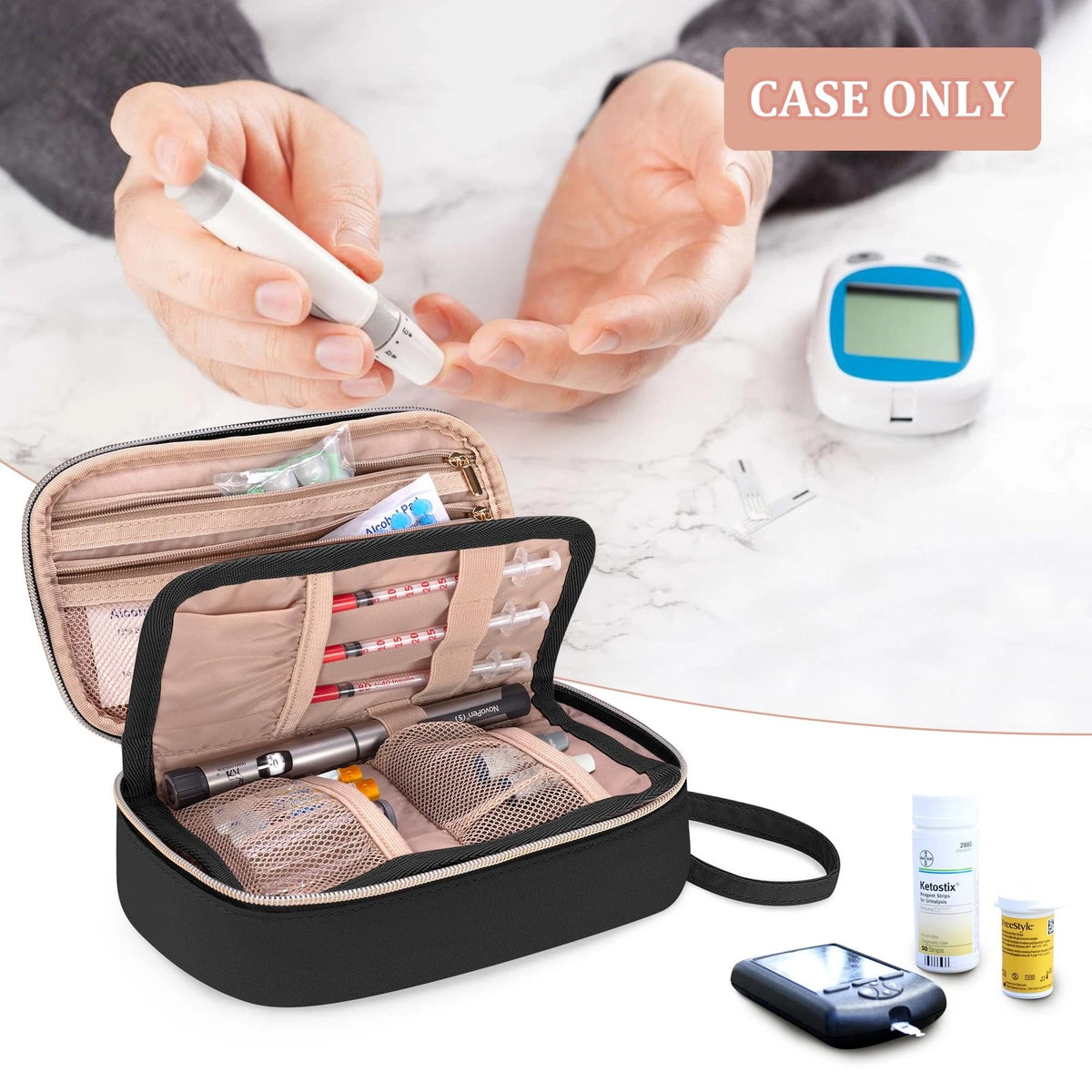 Yarwo Diabetic Travel Case for Blood Glucose 8.3 x 4.5 x 3 inches, Black