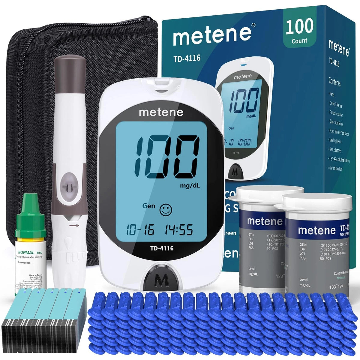 Metene TD-4116 Blood Glucose Monitor Kit, 100 Glucometer 207 Piece Set