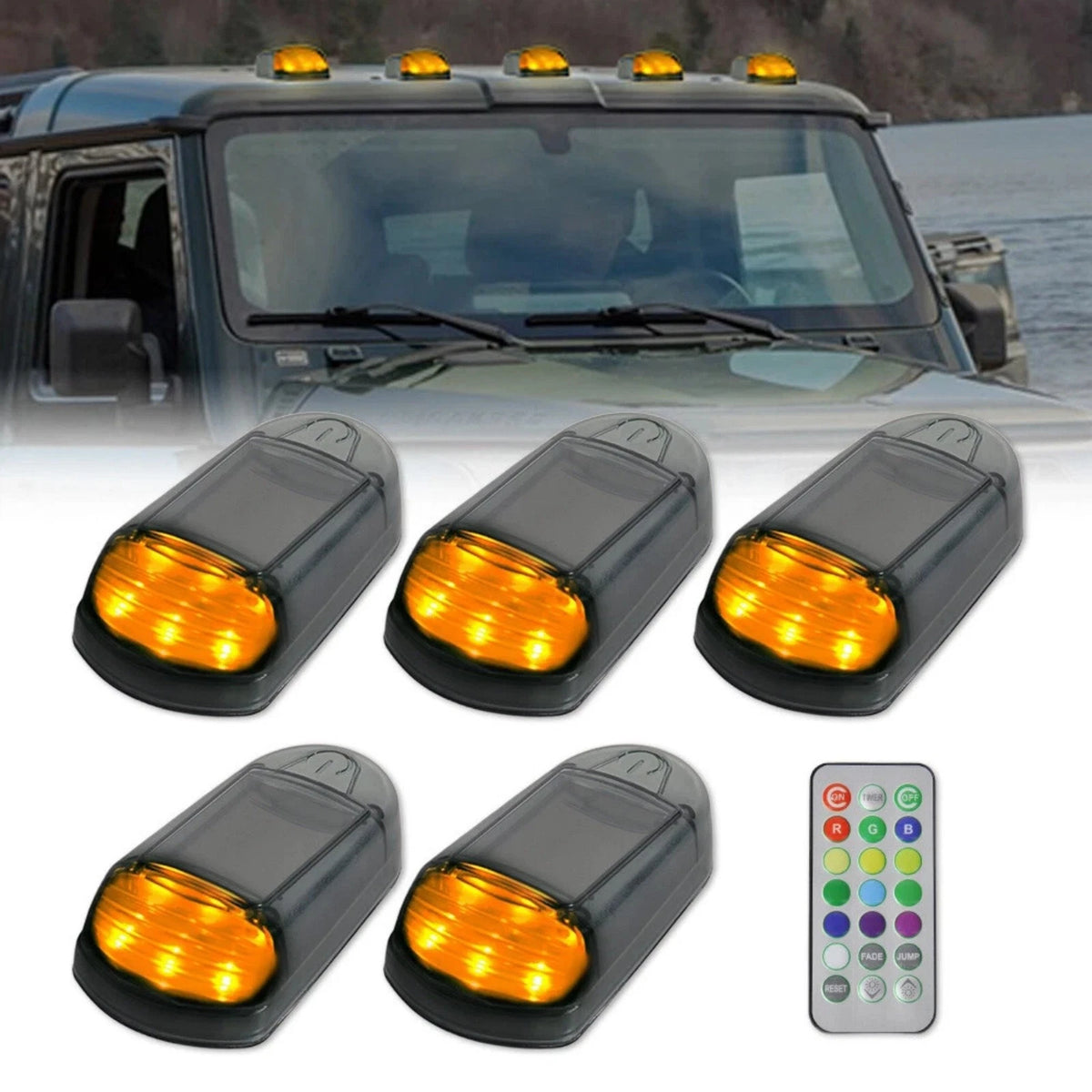 Wireless 5pcs LED Solar Cab Roof Lights With Remote For Trucks Amber Color