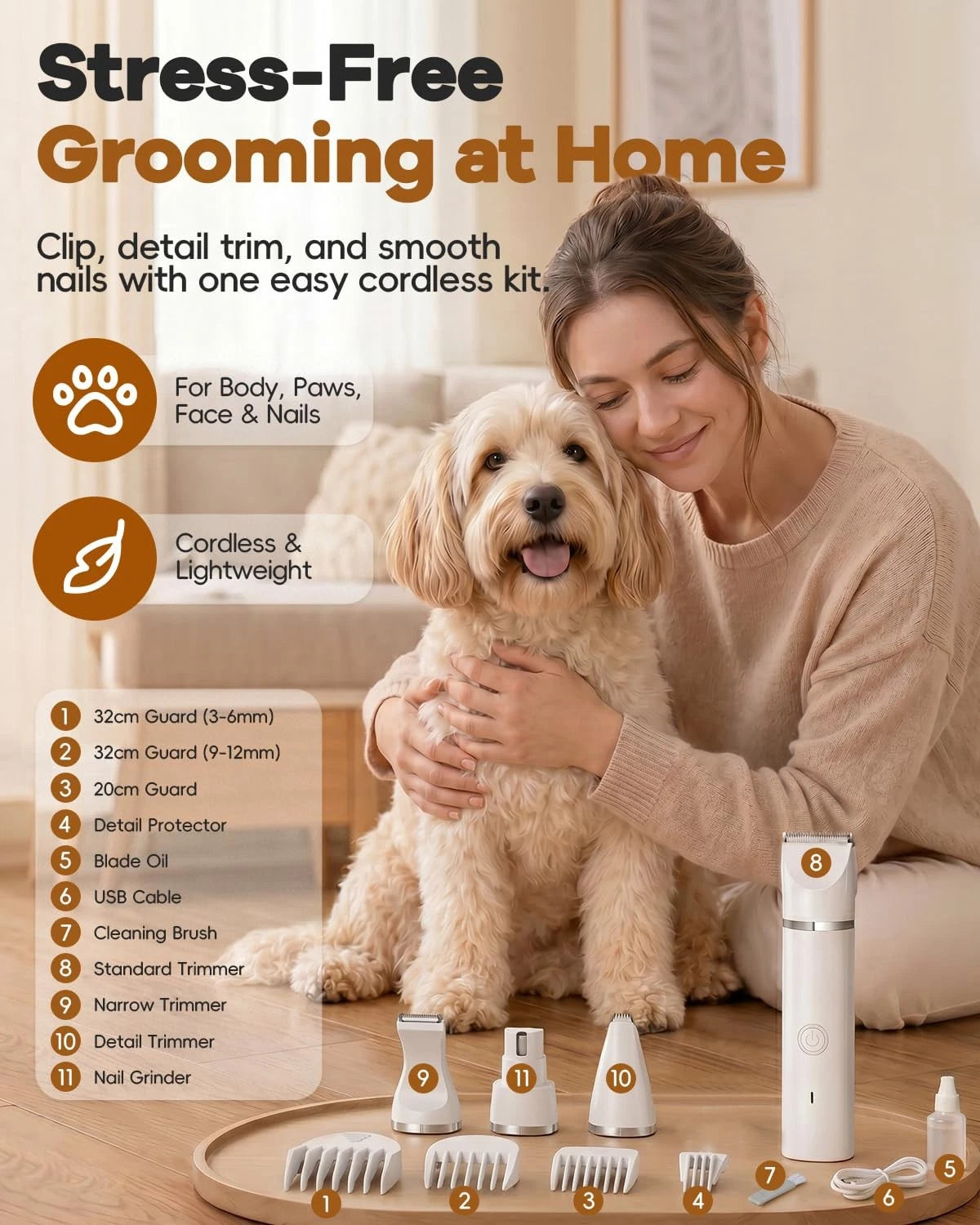 Veeconn Dog Clippers Grooming Kit Hair Clipper-Low Noise 11 Piece Set, White