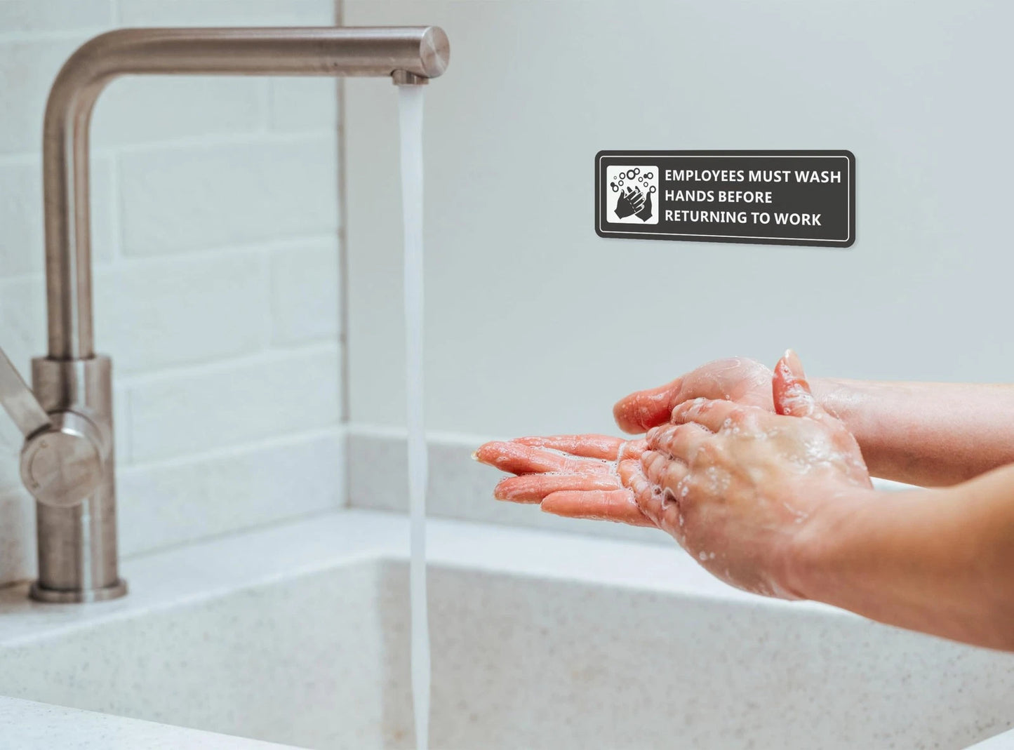 (4 Pack) Employees Must Wash Hands Sign, 7" x 2", 4 Pack (Black)