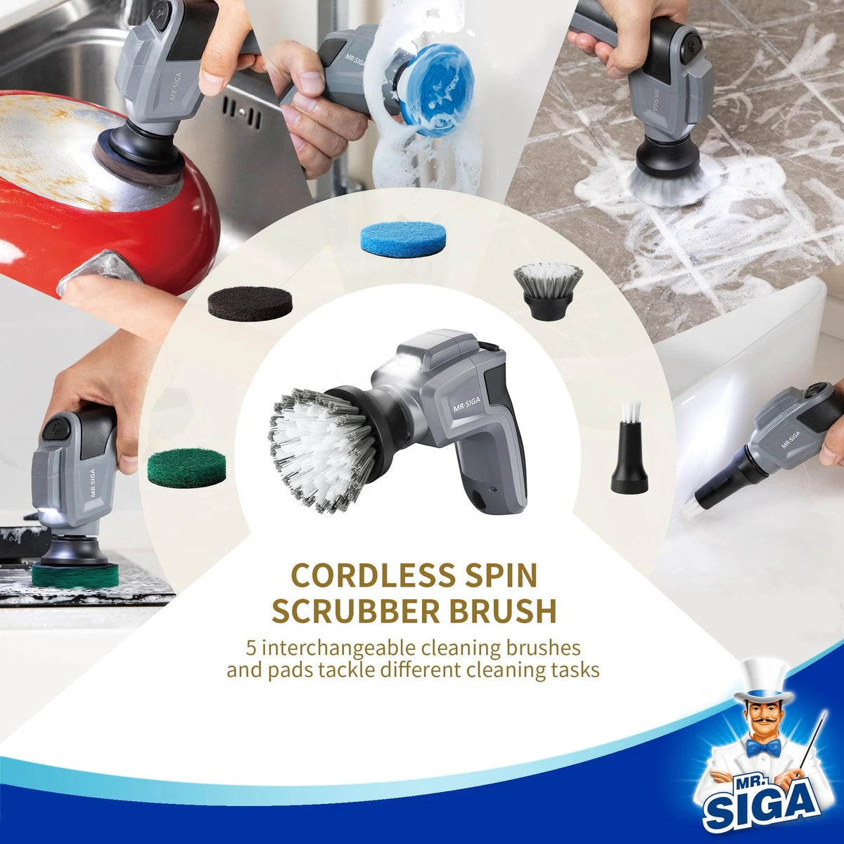 MR.SIGA Electric Spin Scrubber for Kitchen and Bathroom 5.9 x 6.0 inch, Gray