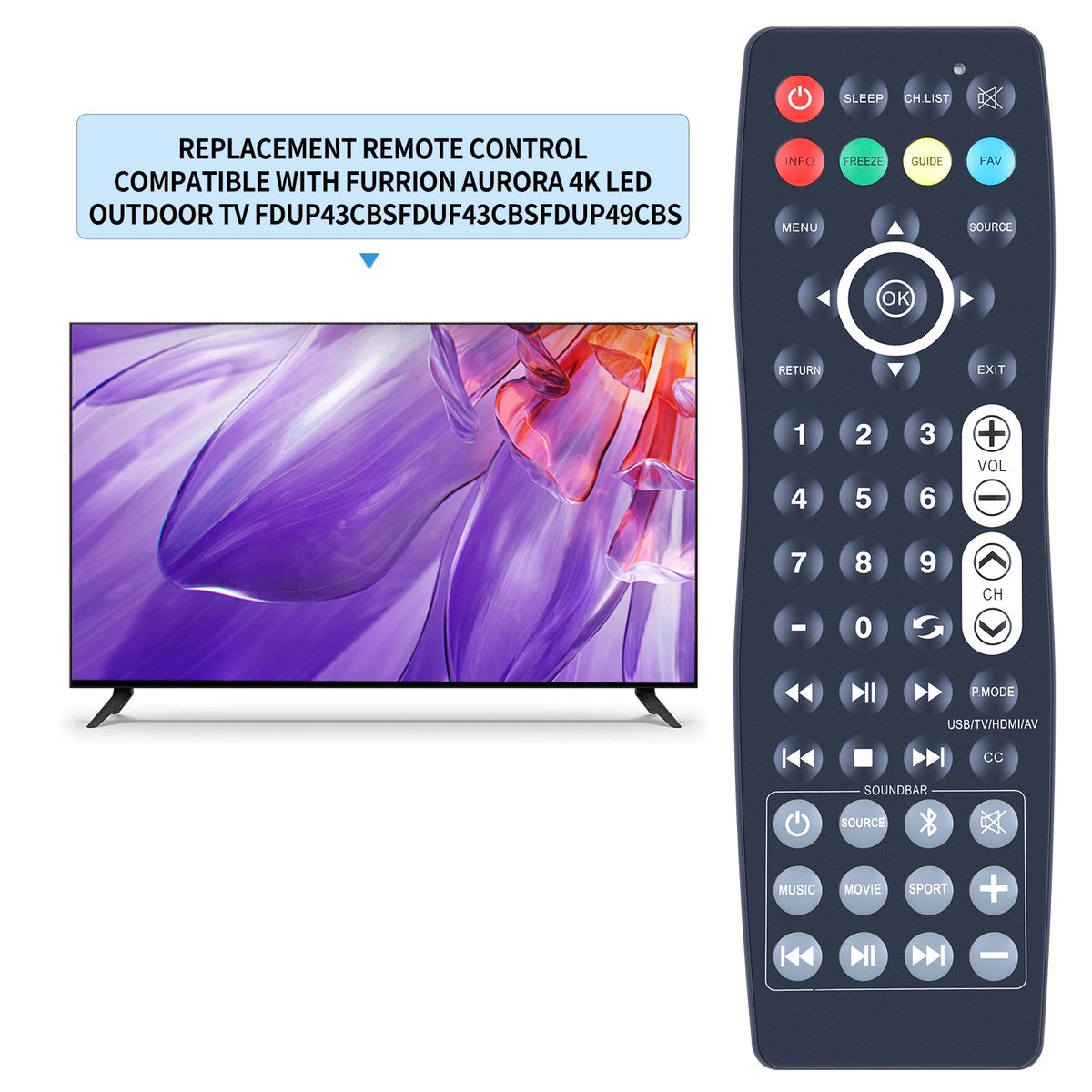 Remote Control For Furrion Aurora 4K Outdoor TV FDUP43CBS/FDUF43CBS/FDUP49CBS