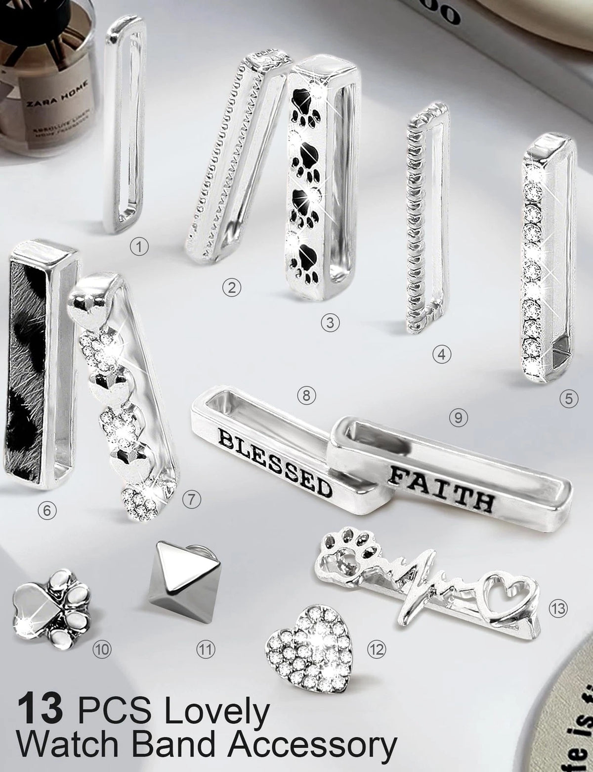 JR.DM 13 Pieces Sliver Watch Band Charms with 10-Pcs 42mm x 3mm, A-Silver