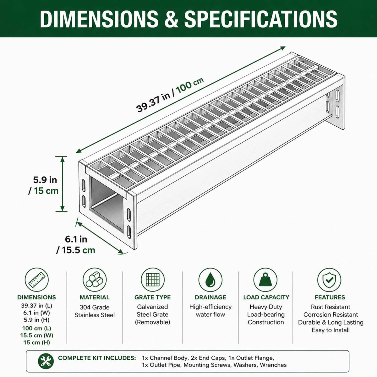 304 Stainless Steel Channel Drain Kit, 39.4x6.1x5.9in, Silver