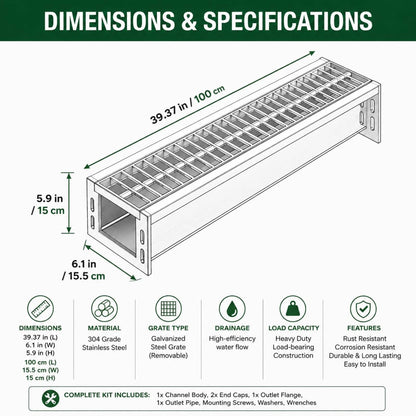 304 Stainless Steel Channel Drain Kit, 39.4x6.1x5.9in, Silver
