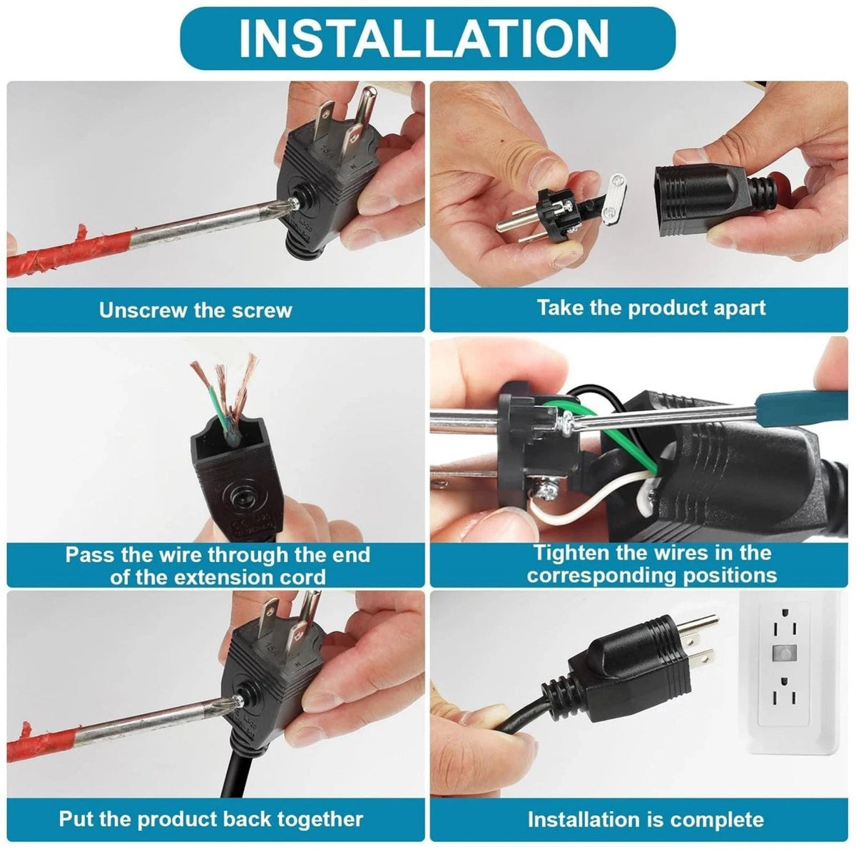 Male Electrical Plug Replacement Connector 3 Prong 125V 15A AC 3-Pack Cord
