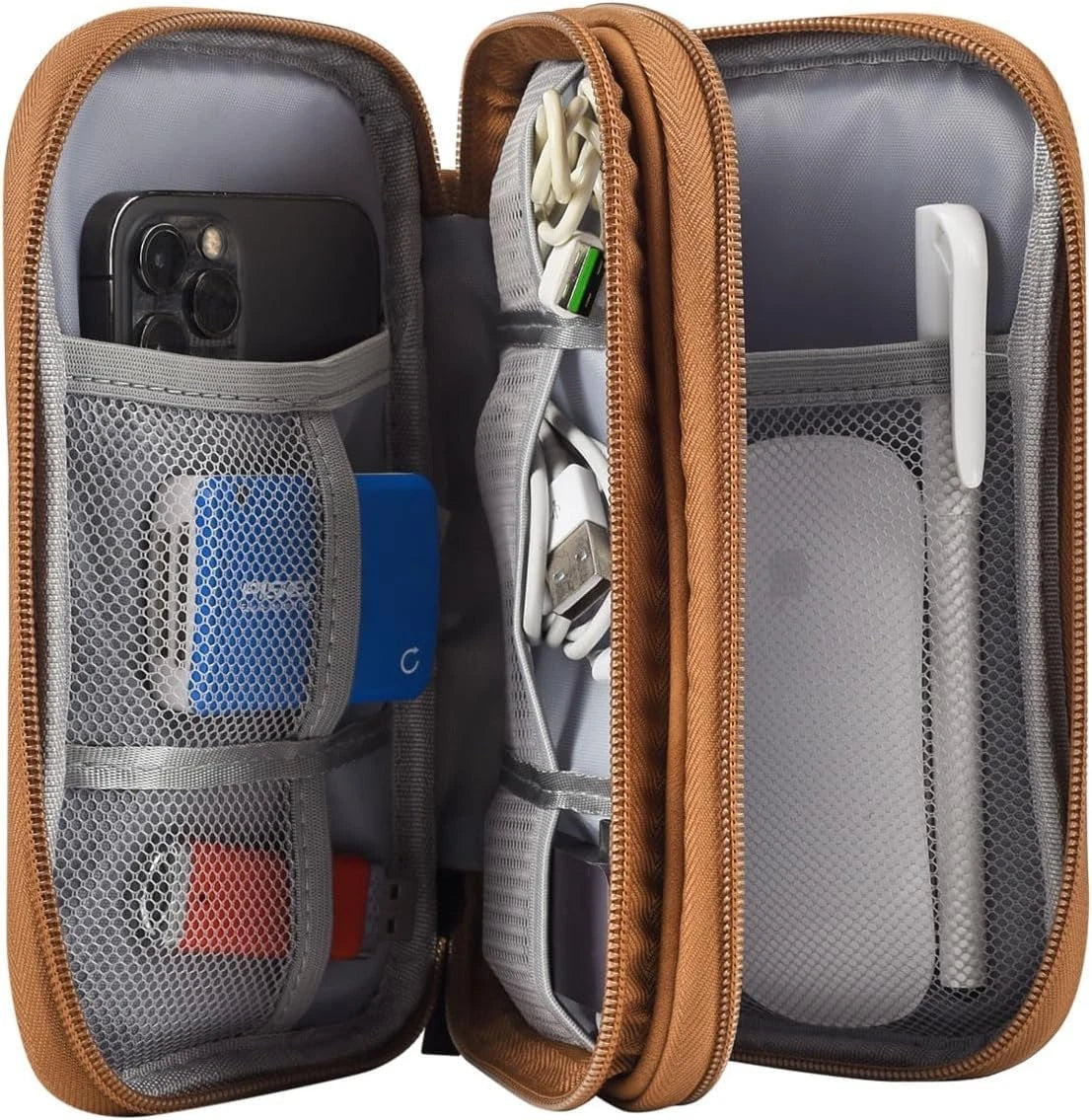 Electronic Organizer Travel Cable Accessories Case, L, Double Layer - Brown