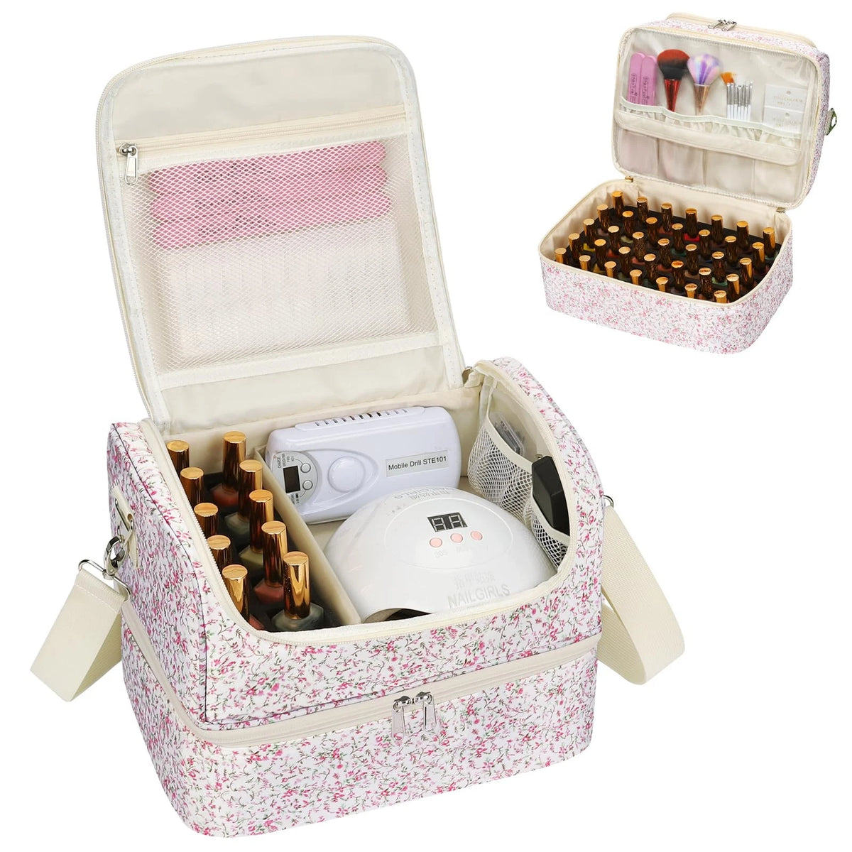 Nail Polish Organizer Bag - Organizers and 45 Slots, Pink Small Flower