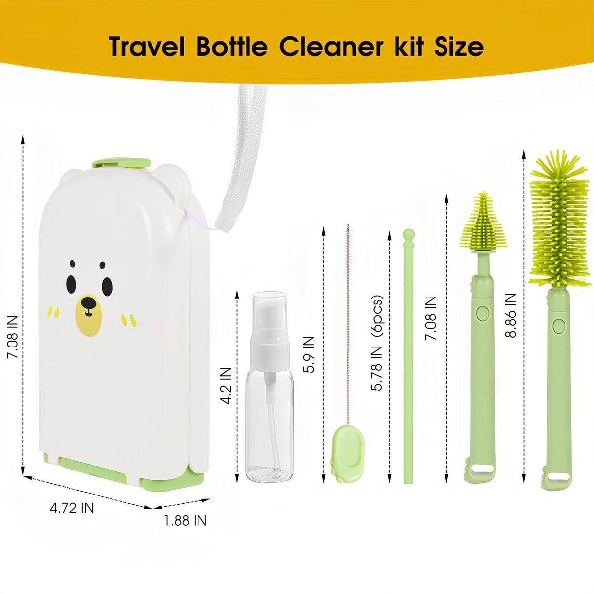 Portable 7-in-1 Baby Bottle Brush Set, Travel Cleaner Kit for Green