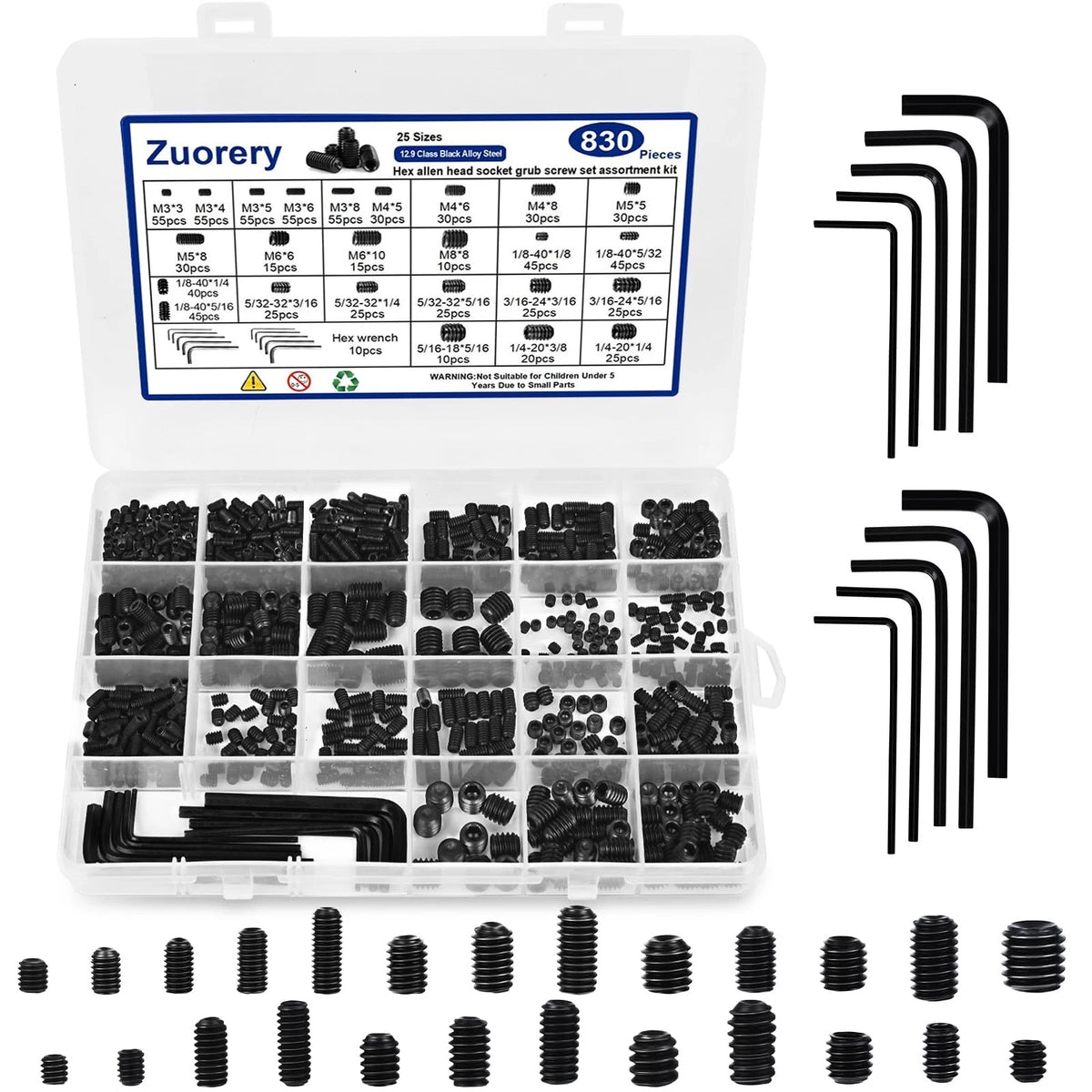 Zuorery 830Pcs 25 Sizes Metric + M3 M4 M5 M6 M8 1/8 5/32 3/16 1/4 5/16, Black