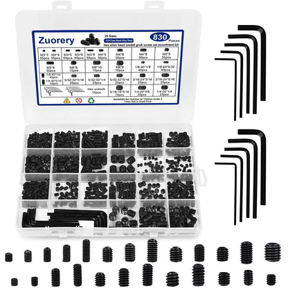 Zuorery 830Pcs 25 Sizes Metric + M3 M4 M5 M6 M8 1/8 5/32 3/16 1/4 5/16, Black