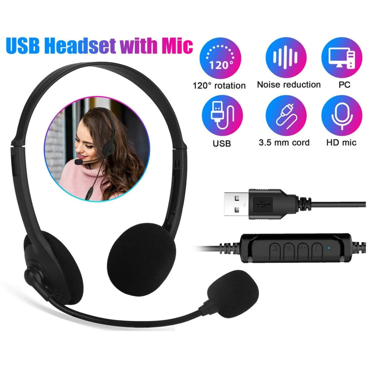 USB Headphone With Flexible Microphone Boom For Customer Service Job Call Center