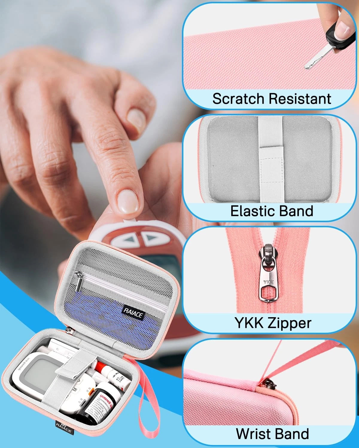 RAIACE Hard Storage Case for Diabetes Testing Kit, Blood Glucose Small, Pink