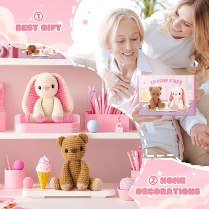 Crochet Kit for Beginners, Bunny and Bear Pink Rabbit Brown