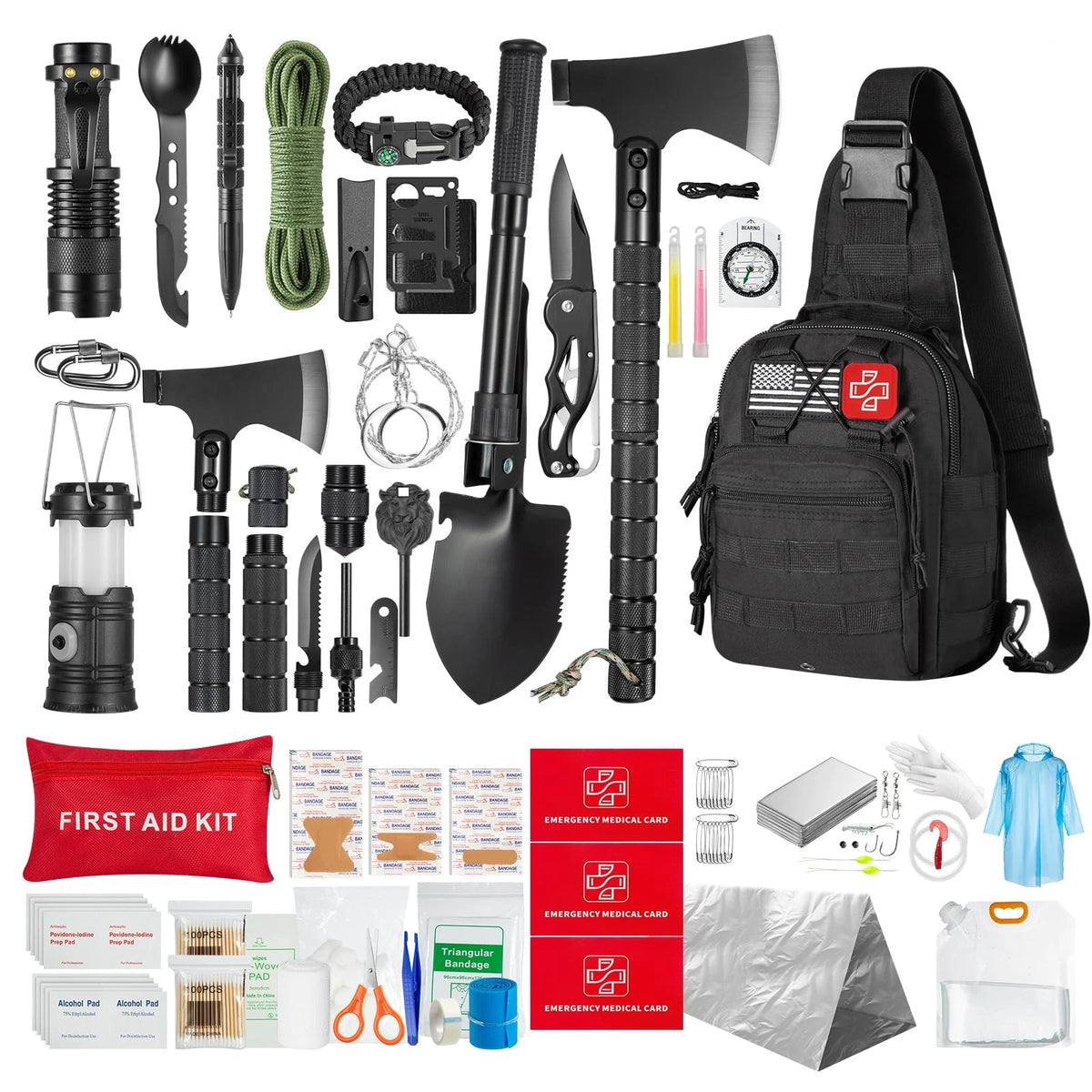 Survival Kit,360 Pcs Bug Out Bag with First Aid Kit.Camping Large, green, red