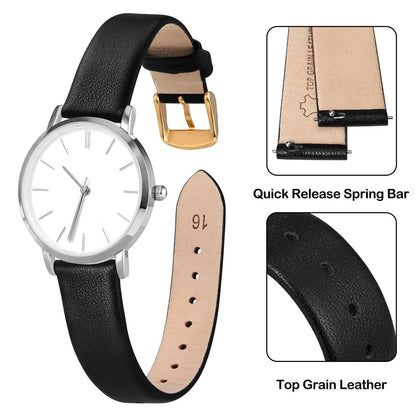 ANNEFIT Watch Bands for Men Women, Top Grain Leather 12mm, Black/Gold Buckle