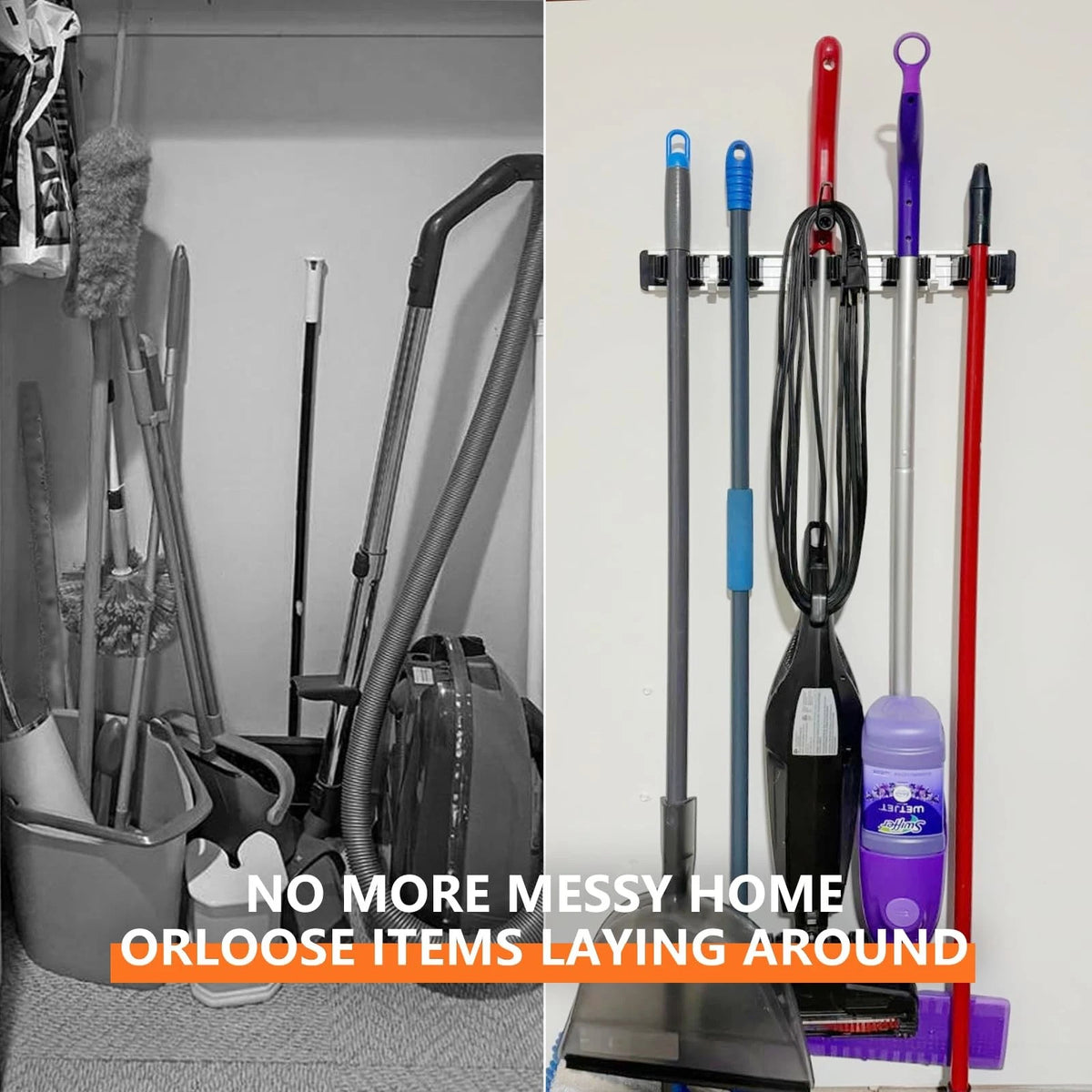 reliahom Broom Holder Wall Mount, 4 Racks with 5 Hooks 1 Pack 4R5H, Black