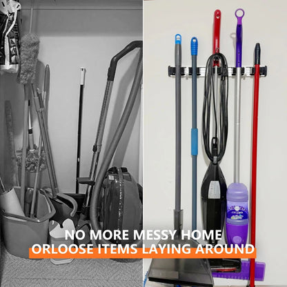 reliahom Broom Holder Wall Mount, 4 Racks with 5 Hooks 1 Pack 4R5H, Black
